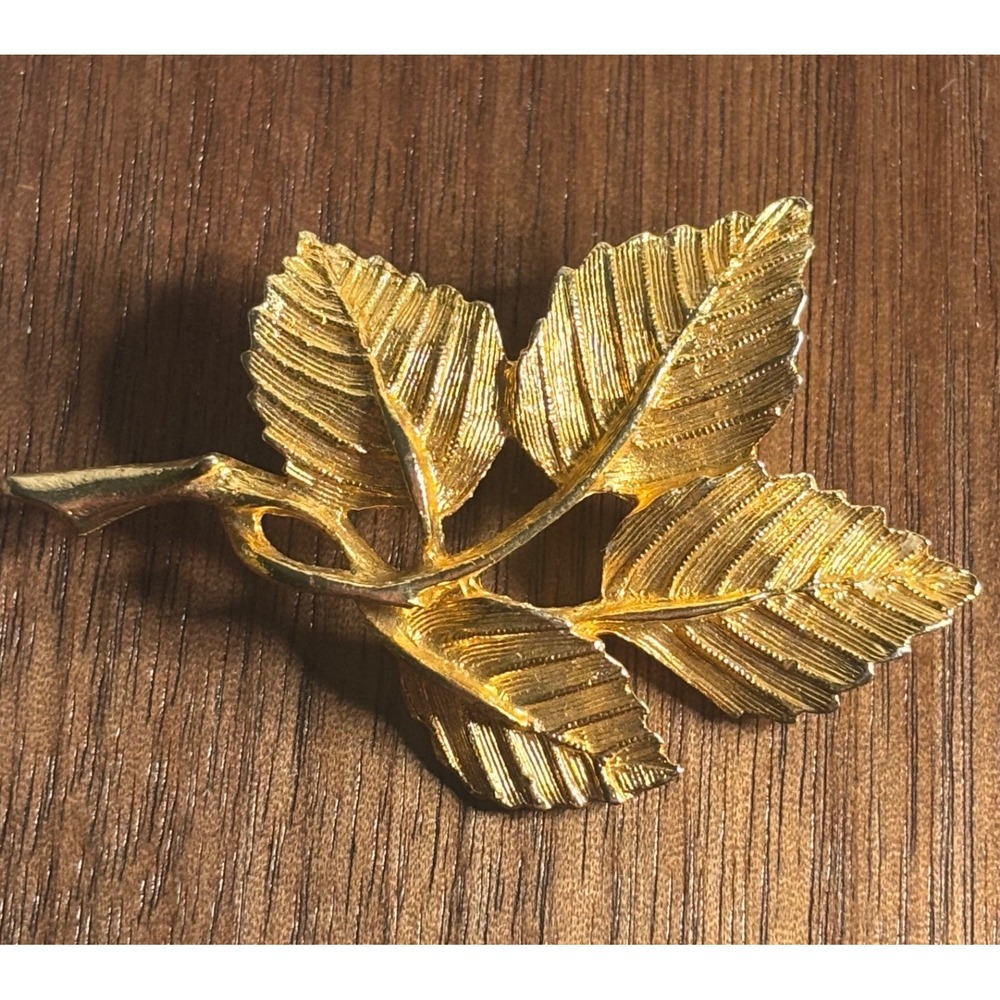 Vintage Gold Tone Botanical Leaf Brooch BSK Textured Four Leaf Sprig Pin